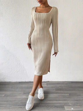 ZARA Womens Stylish Elegant Slim Fit V Neck Bodycon Jacquard Knit Dress